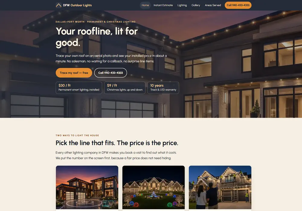 dfwoutdoorlights.com home page, light theme