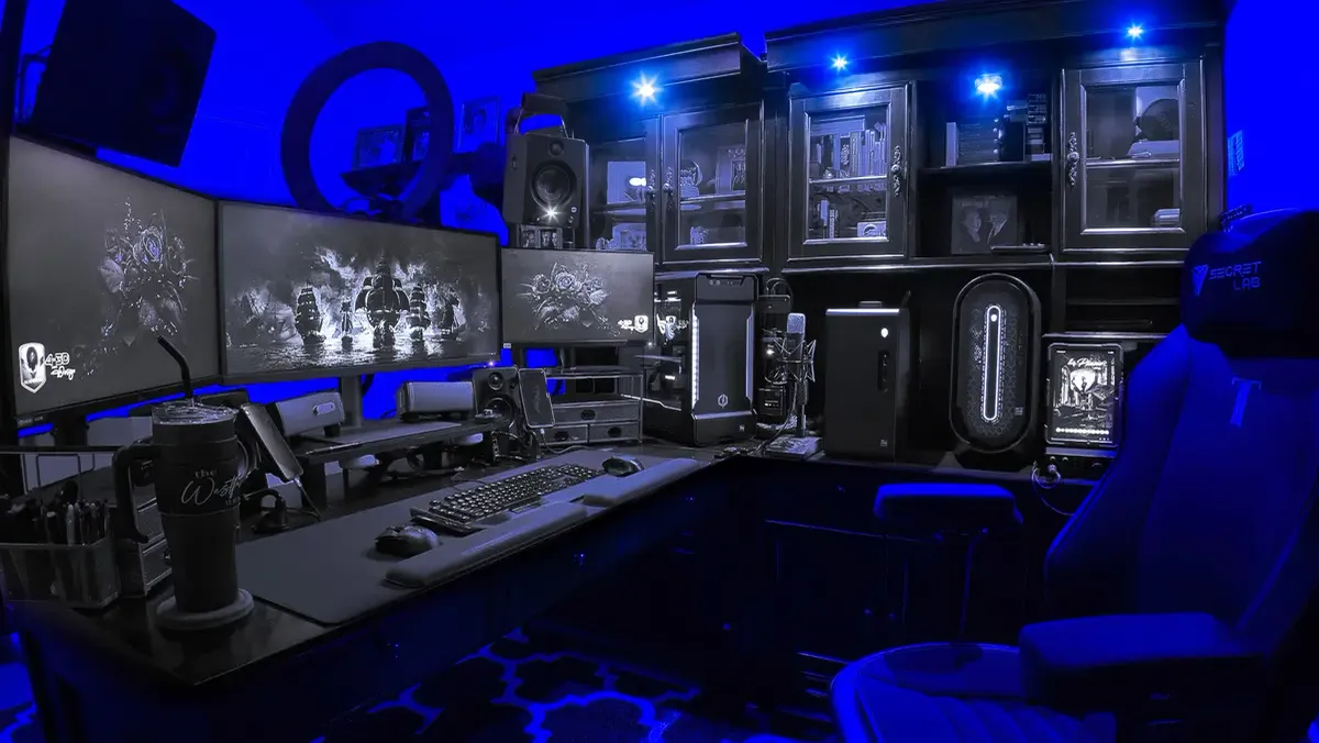 The AI Vision Designs studio: five machines, three monitors, local AI models